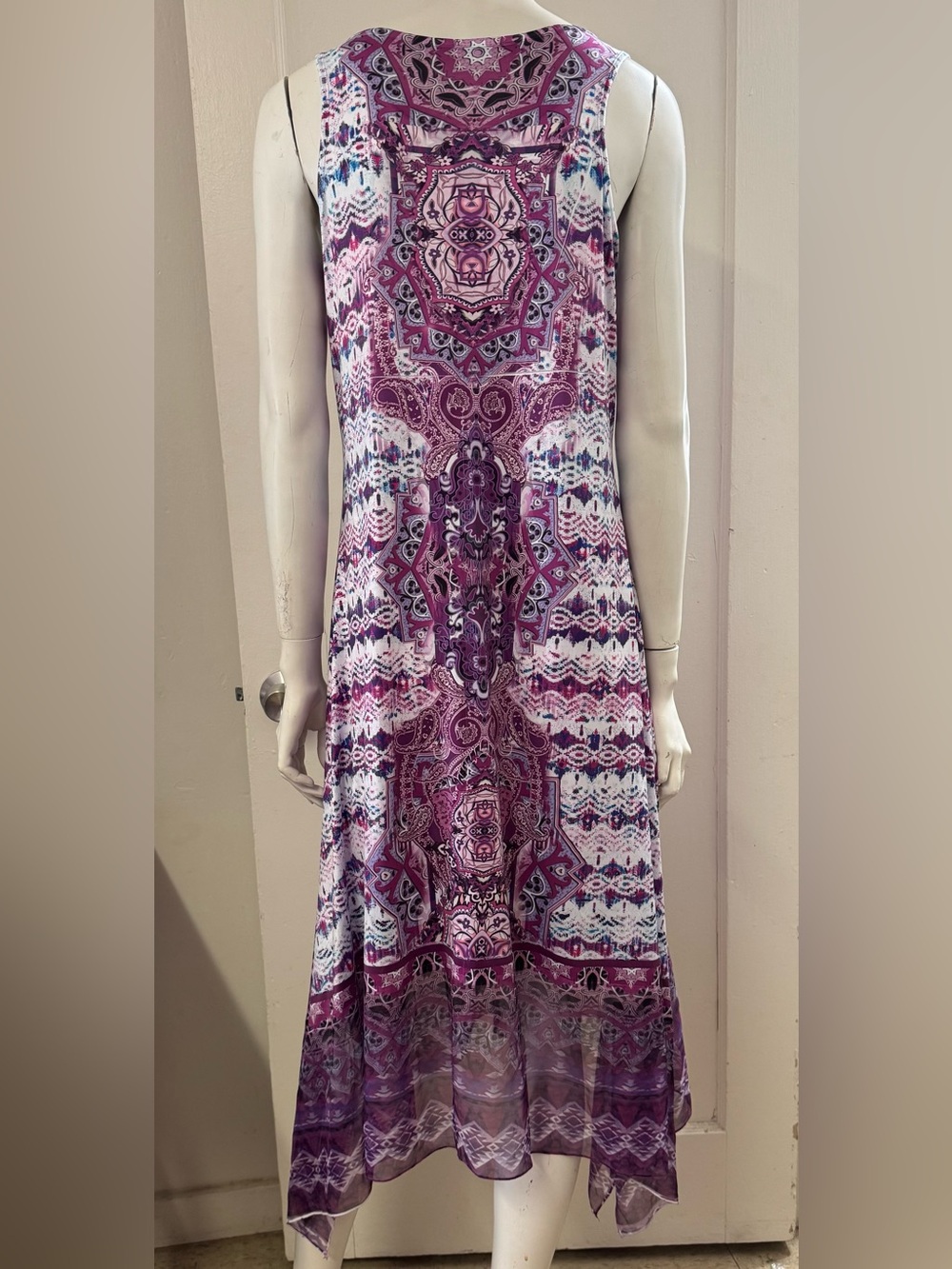 One World sleeveless Purple Midi dress embellished crochet handkerchief hem Sz M - Picture 3 of 14